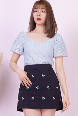 Square Neck Puff Sleeve Lace Overlay Top (Light Blue)